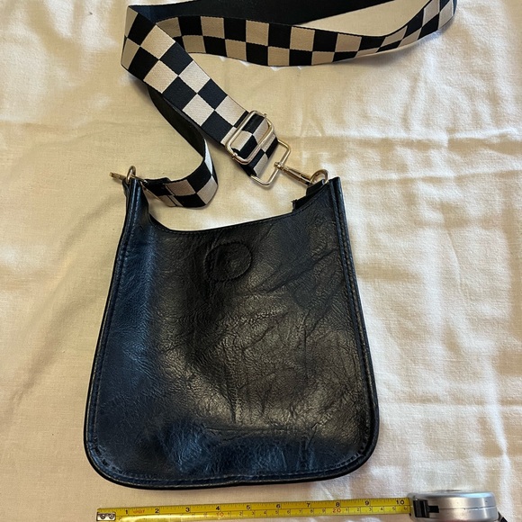 Adhorned Black Leather Crossbody Bag with Checkered Strap - Picture 2 of 5